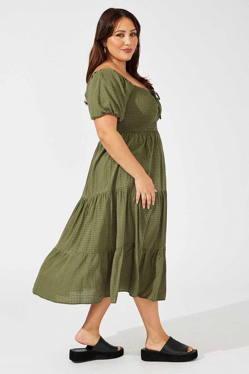 Green Midi Dress Short Sleeve Shirred for YouandAll Fashion