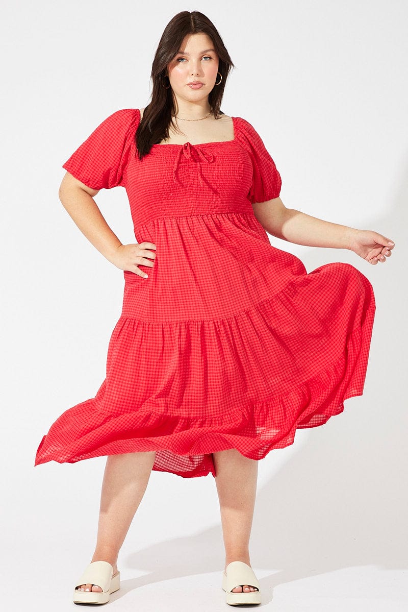 Red Midi Dress Short Sleeve Shirred for YouandAll Fashion