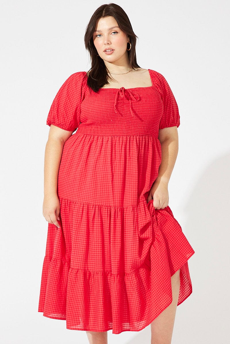 Red Midi Dress Short Sleeve Shirred for YouandAll Fashion