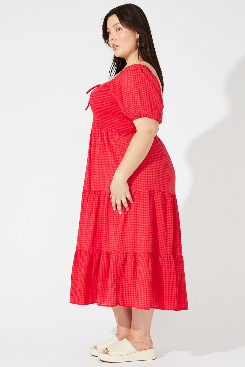 Red Midi Dress Short Sleeve Shirred for YouandAll Fashion