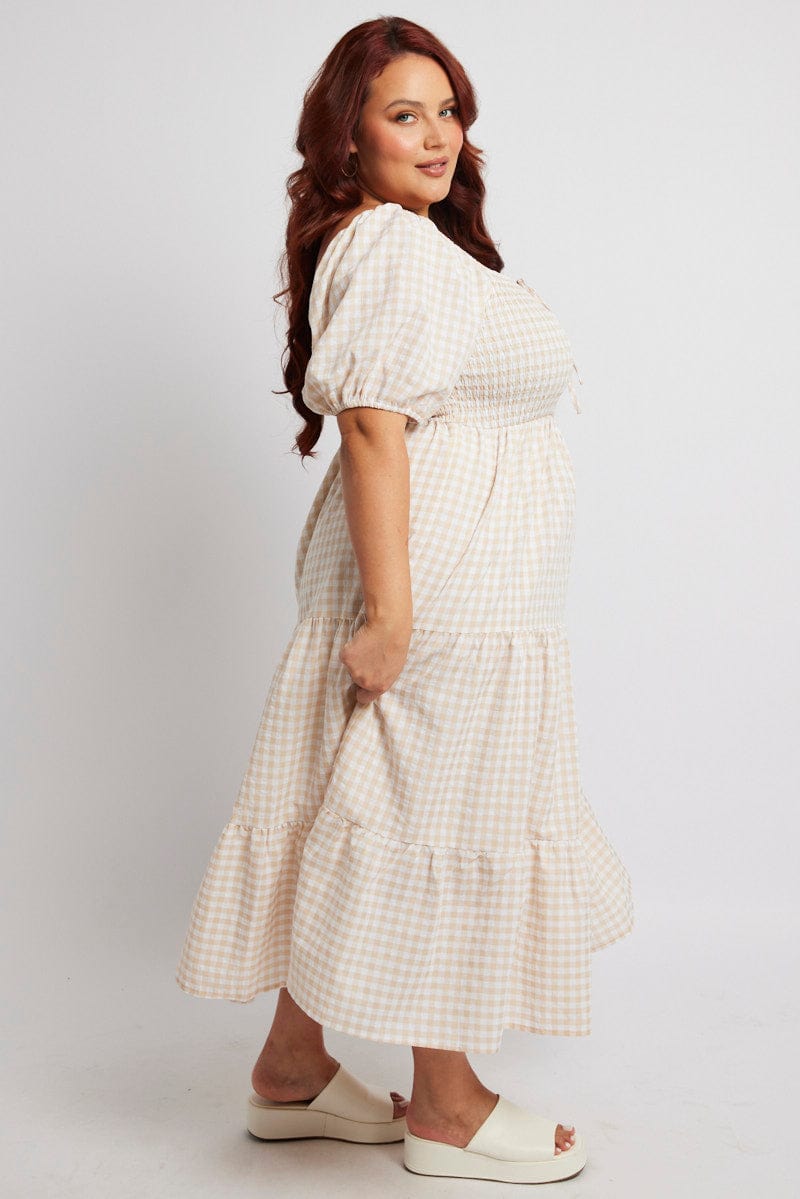 Beige Check Maxi Dress Short Sleeve Shirred for YouandAll Fashion