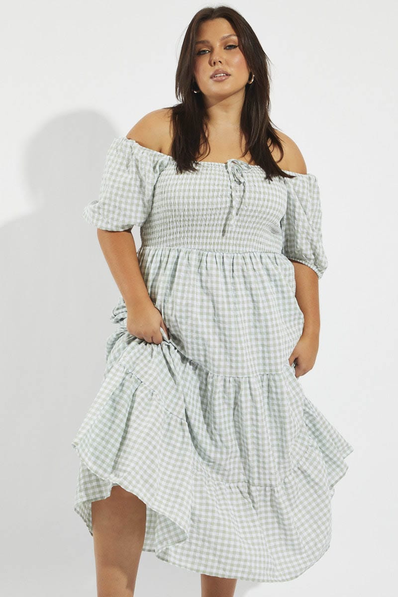 Green Check Maxi Dress Short Sleeve Shirred for YouandAll Fashion