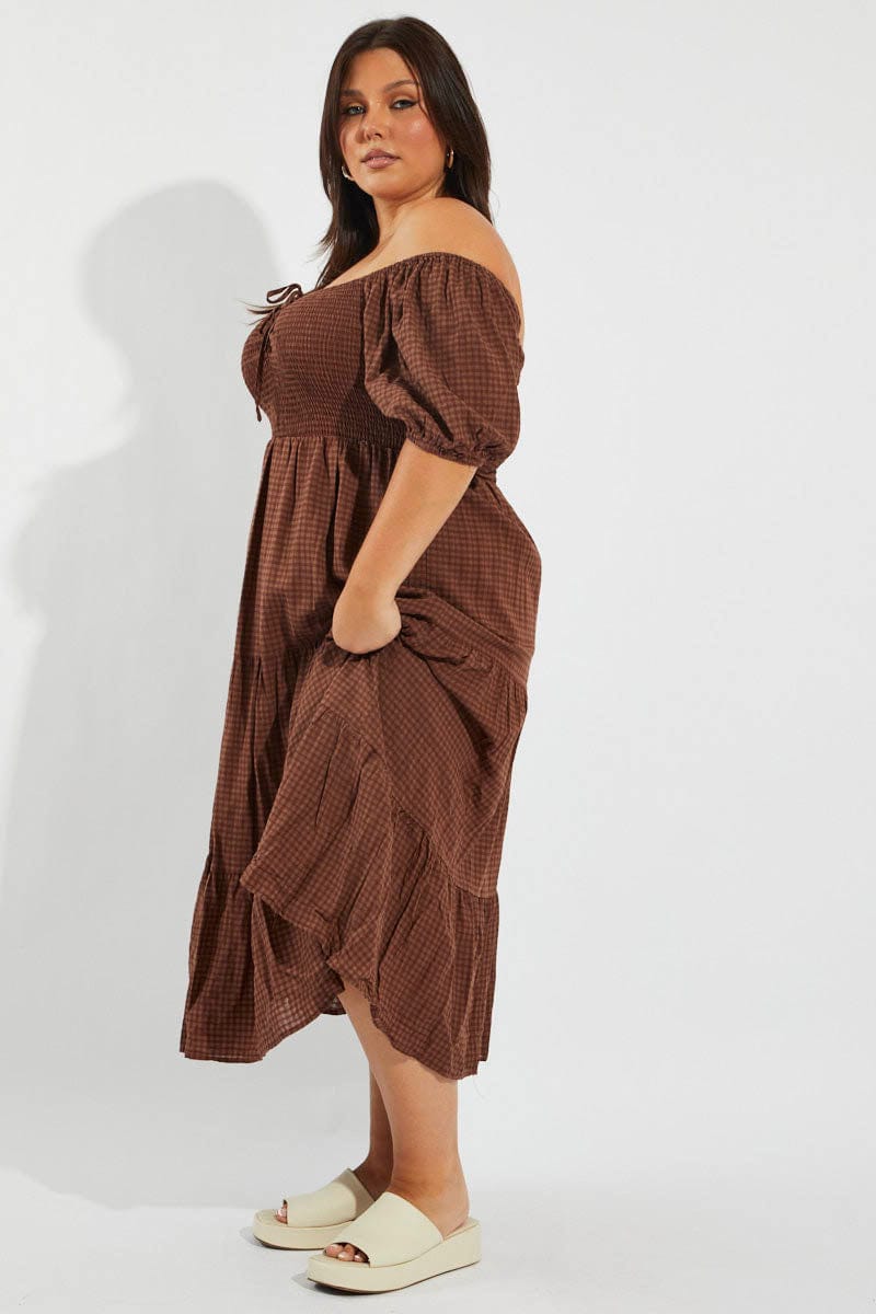 Brown Midi Dress Short Sleeve Shirred Self Check for YouandAll Fashion