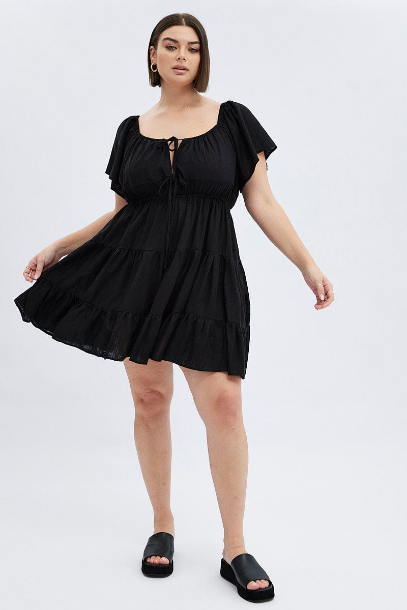 Black Skater Dress Tie Linen Blend Flare Sleeve Mini | You & All Black Skater Dress Tie Linen Blend Flare Sleeve Mini | You & All