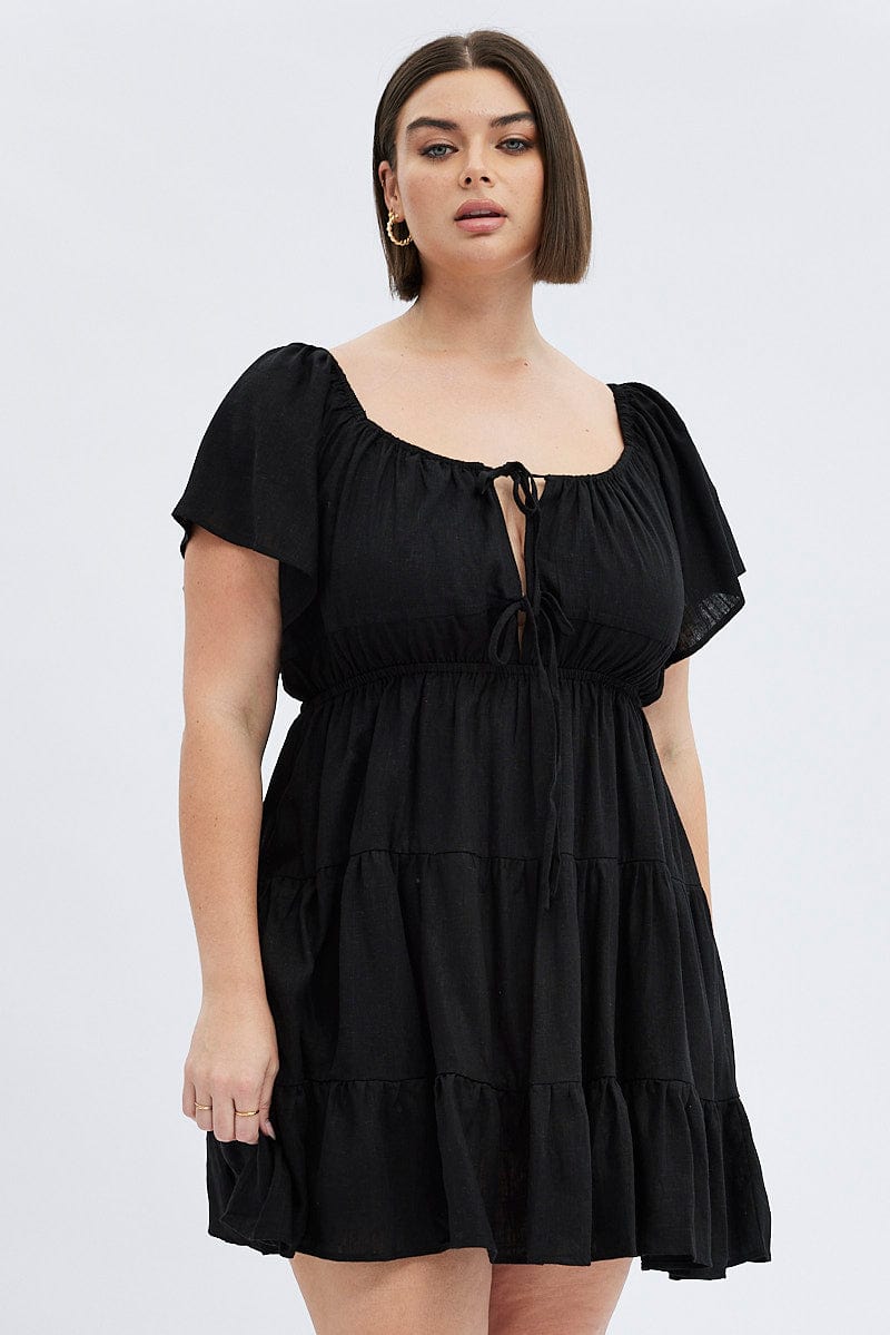 Black Skater Dress Tie Linen Blend Flare Sleeve Mini | You & All Black Skater Dress Tie Linen Blend Flare Sleeve Mini | You & All