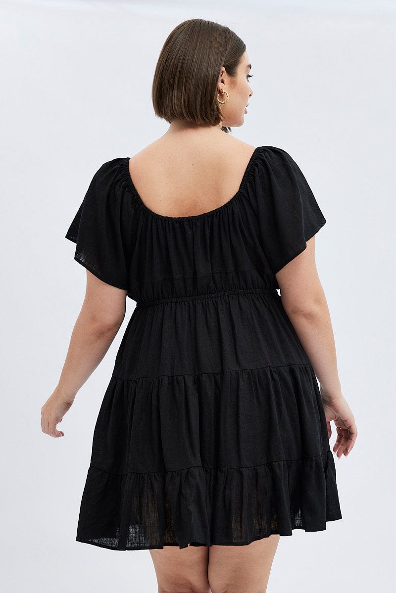 Black Skater Dress Tie Linen Blend Flare Sleeve Mini | You & All Black Skater Dress Tie Linen Blend Flare Sleeve Mini | You & All