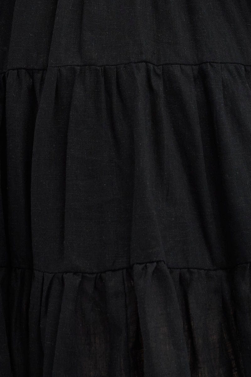 Black Skater Dress Tie Linen Blend Flare Sleeve Mini for YouandAll Fashion