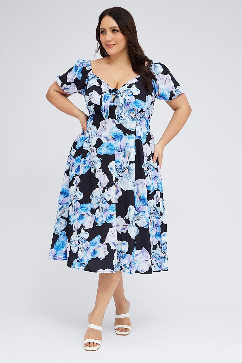 Black Floral Midi Dress Tie Front Puff Sleeve for YouandAll Fashion