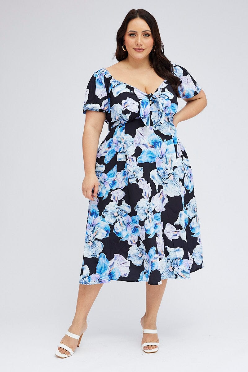 Black Floral Midi Dress Tie Front Puff Sleeve for YouandAll Fashion