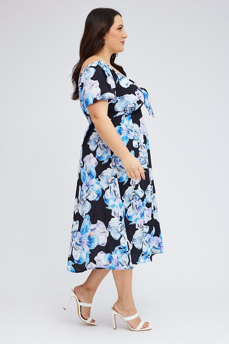 Black Floral Midi Dress Tie Front Puff Sleeve for YouandAll Fashion