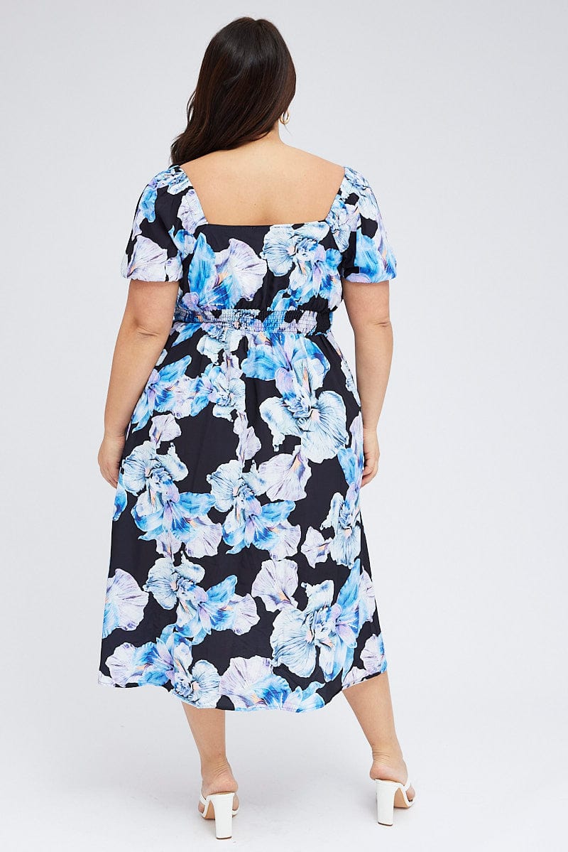 Black Floral Midi Dress Tie Front Puff Sleeve for YouandAll Fashion