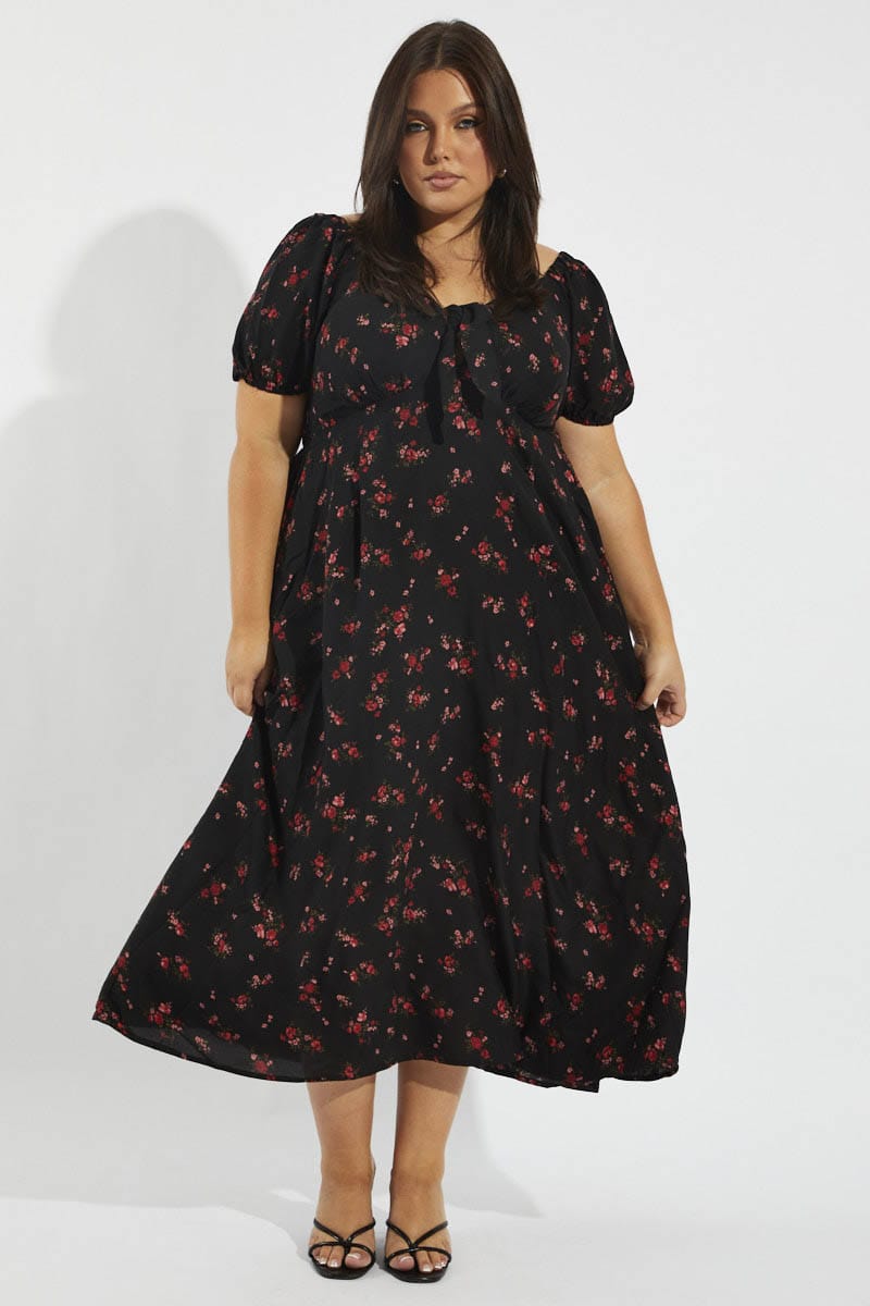 Black Floral Puff Sleeve Midi Dress Tie Front for YouandAll Fashion