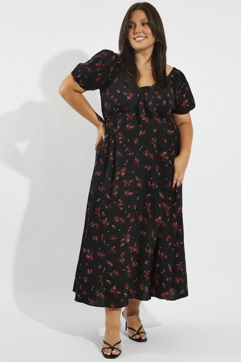 Black Floral Puff Sleeve Midi Dress Tie Front for YouandAll Fashion