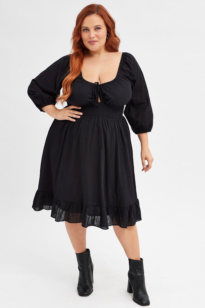 Black Skater Dress Puff Sleeve Shirred Waist Cotton for YouandAll Fashion