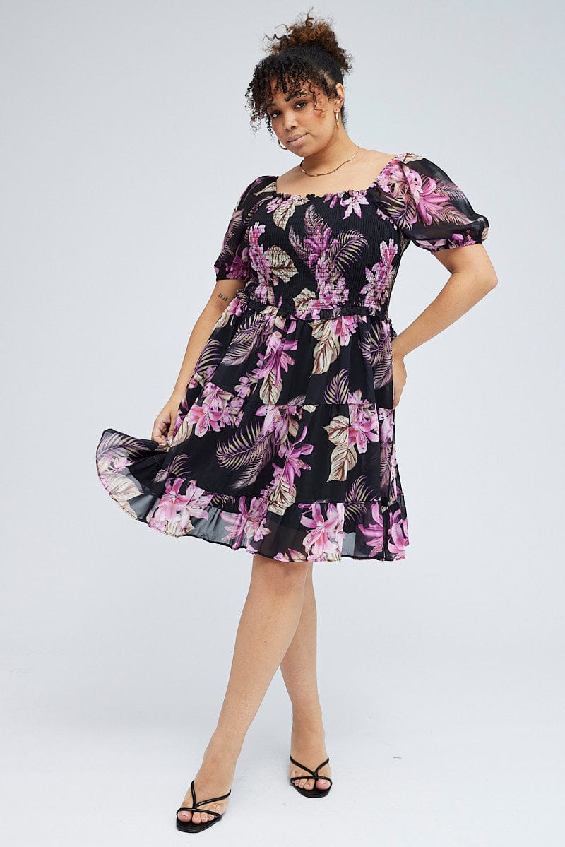 Black Floral Fit and Flare Dress Short Sleeve Shirred Chiffon for YouandAll Fashion