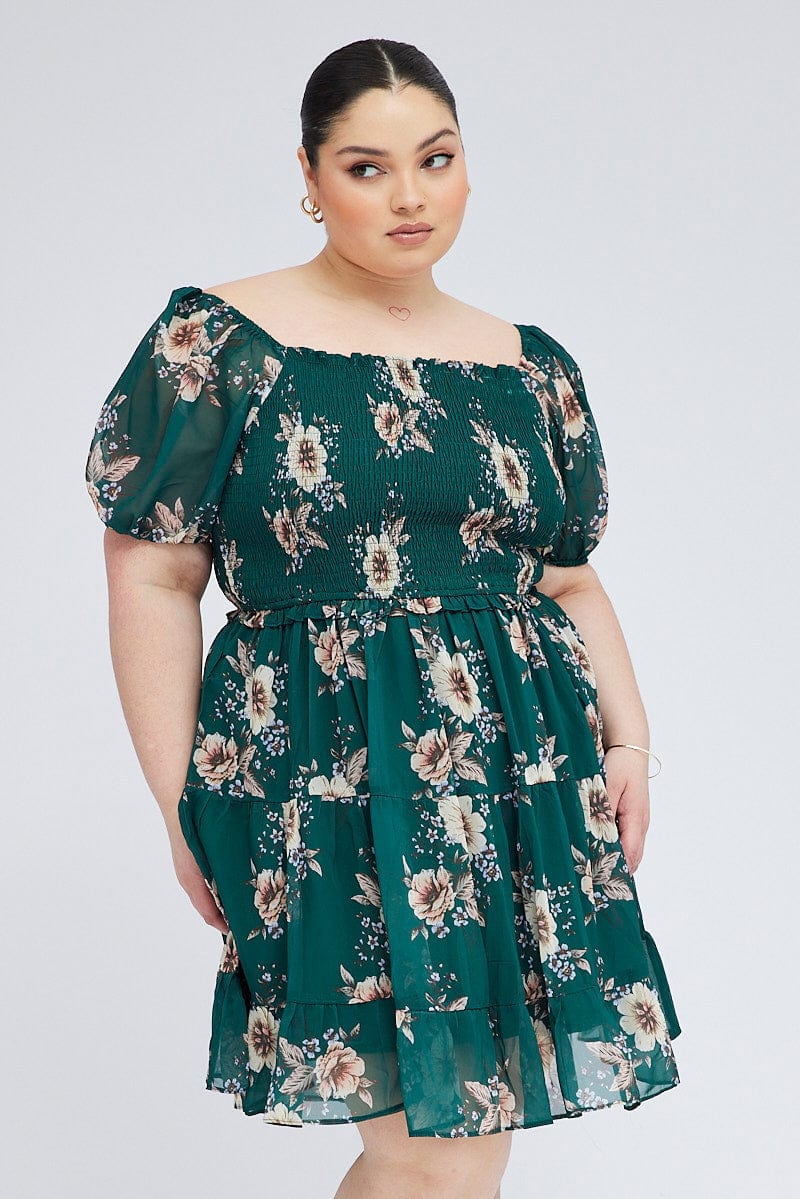 Green Floral Fit And Flare Dress Short Sleeve Shirred