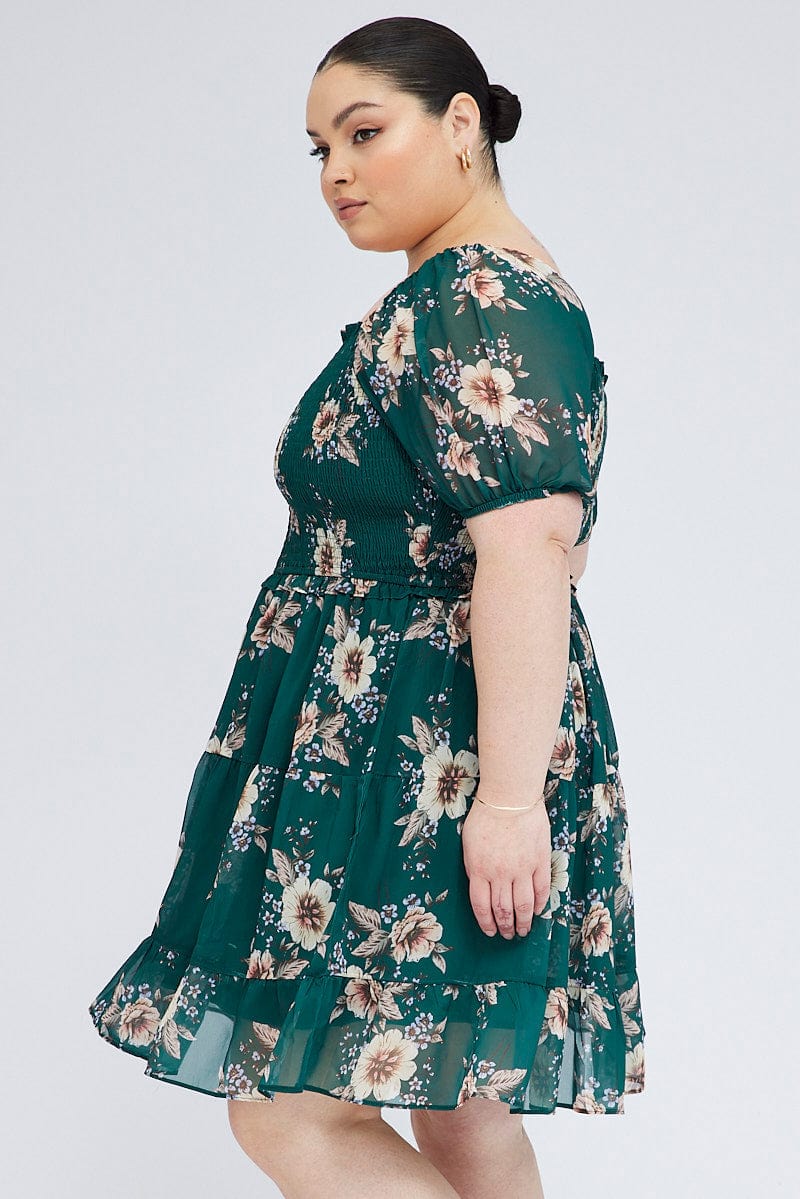 Green Floral Fit And Flare Dress Short Sleeve Shirred