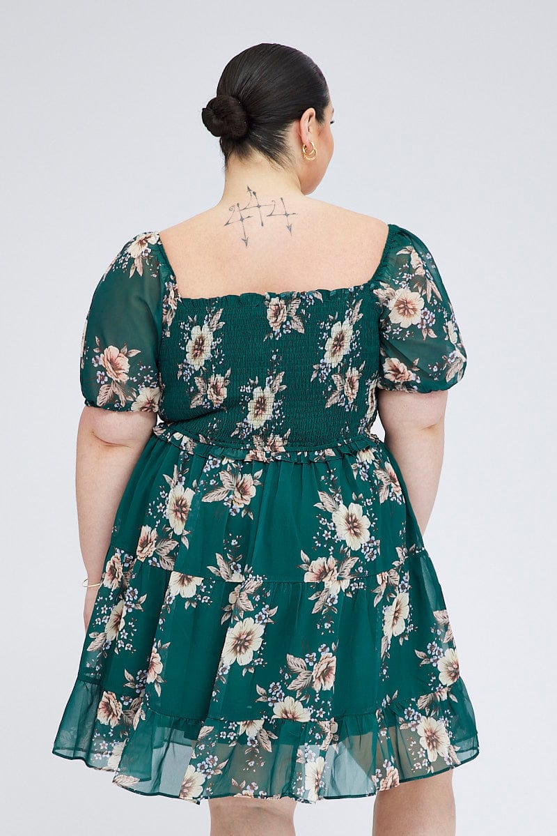 Green Floral Fit And Flare Dress Short Sleeve Shirred