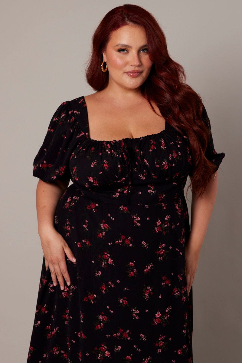 Black Ditsy Maxi Dress Short Sleeve Side Split for YouandAll Fashion