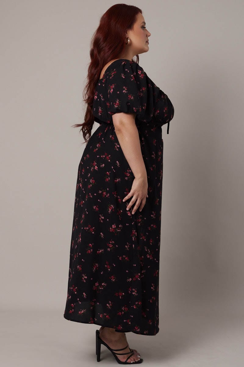 Black Ditsy Maxi Dress Short Sleeve Side Split for YouandAll Fashion