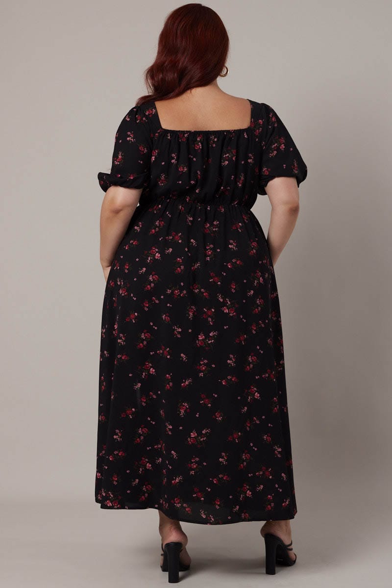 Black Ditsy Maxi Dress Short Sleeve Side Split for YouandAll Fashion