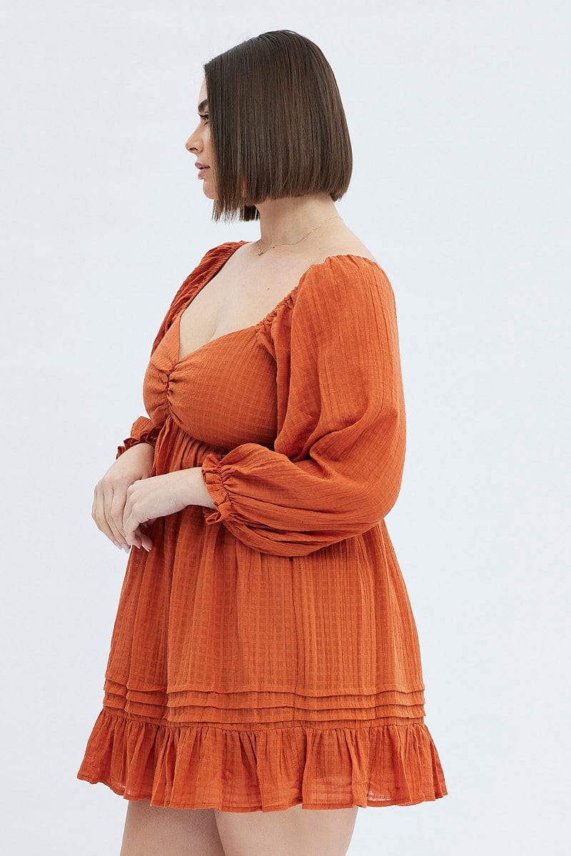 Rust Mini Dress Textured Cotton Blend Long Sleeve for YouandAll Fashion