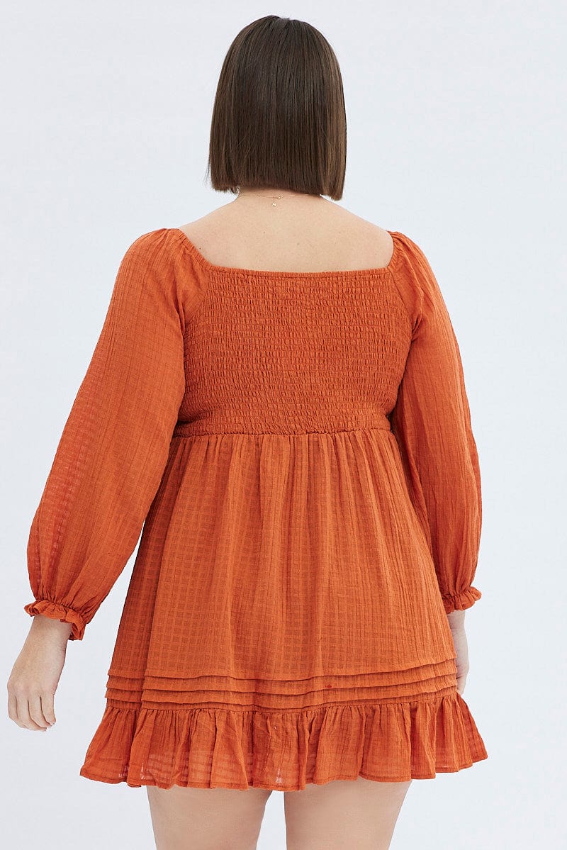 Rust Mini Dress Textured Cotton Blend Long Sleeve | You & All Rust Mini Dress Textured Cotton Blend Long Sleeve | You & All