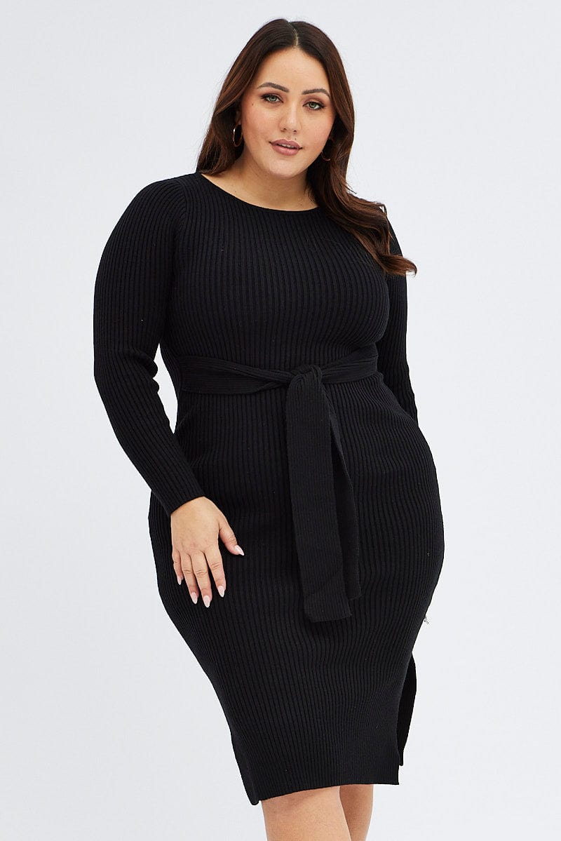 Black Knit Dress Long Sleeve Midi High Neck Tie Front for YouandAll Fashion