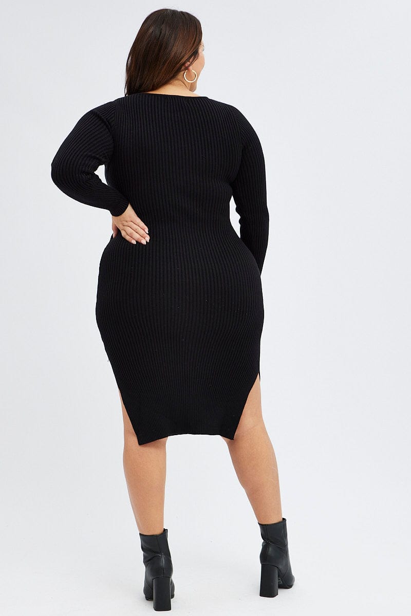 Black Knit Dress Long Sleeve Midi High Neck Tie Front for YouandAll Fashion