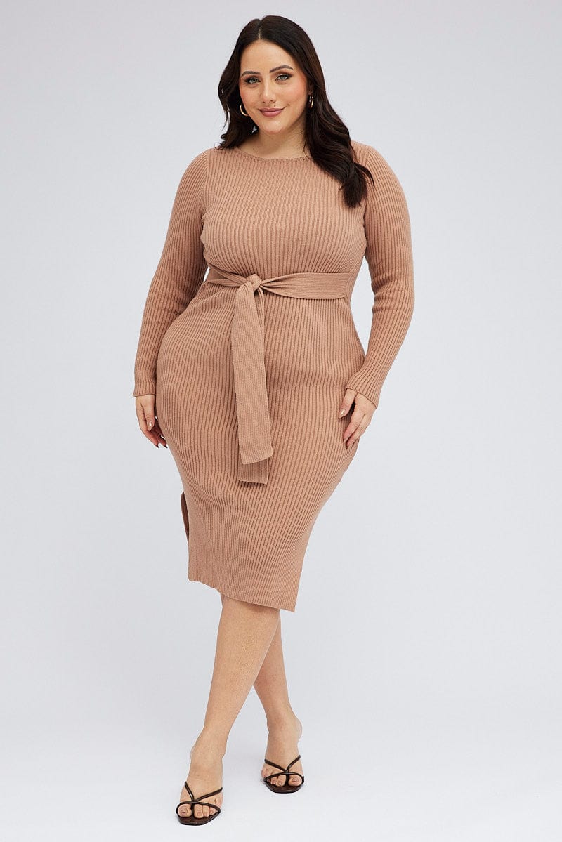 Camel Knit Dress Long Sleeve Midi Round Neck Tie Front for YouandAll Fashion