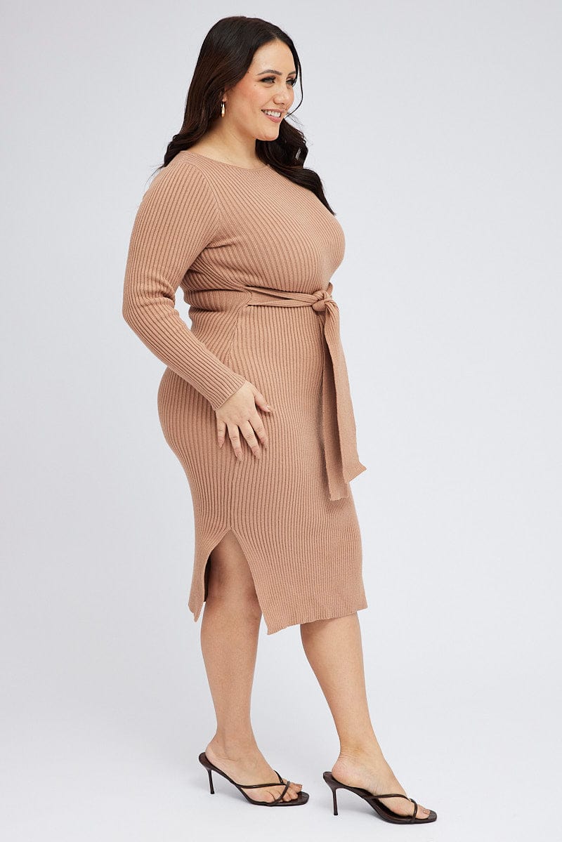 Camel Knit Dress Long Sleeve Midi Round Neck Tie Front for YouandAll Fashion