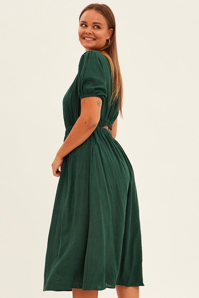 Green Midi Dress Cutout Back Puff Sleeve Linen Blend | You & All Green Midi Dress Cutout Back Puff Sleeve Linen Blend | You & All