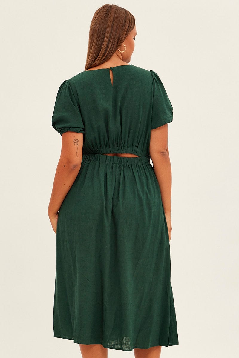 Green Midi Dress Cutout Back Puff Sleeve Linen Blend | You & All Green Midi Dress Cutout Back Puff Sleeve Linen Blend | You & All