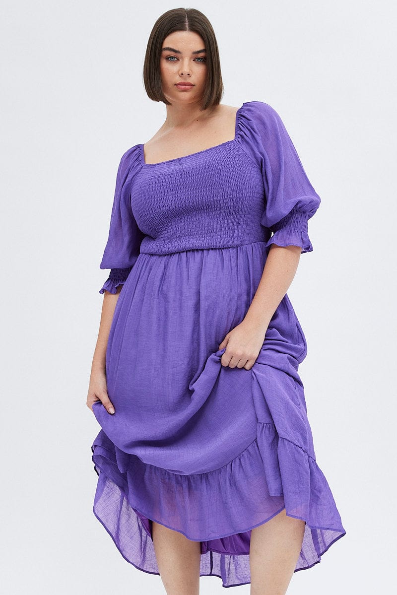 Purple Maxi Dress Half Sleeve Shirred for YouandAll Fashion