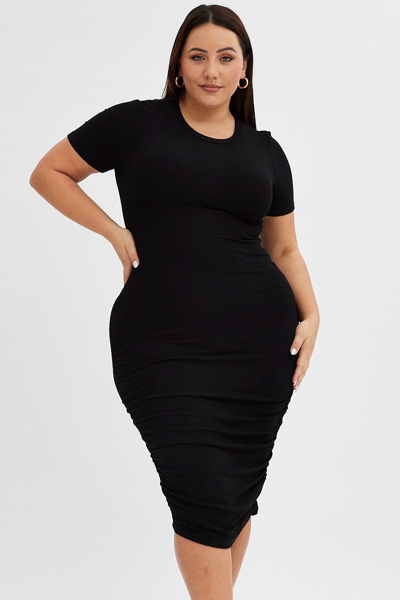 Black Bodycon Dress Short Sleeve Tie Front Or Back Midi for YouandAll Fashion