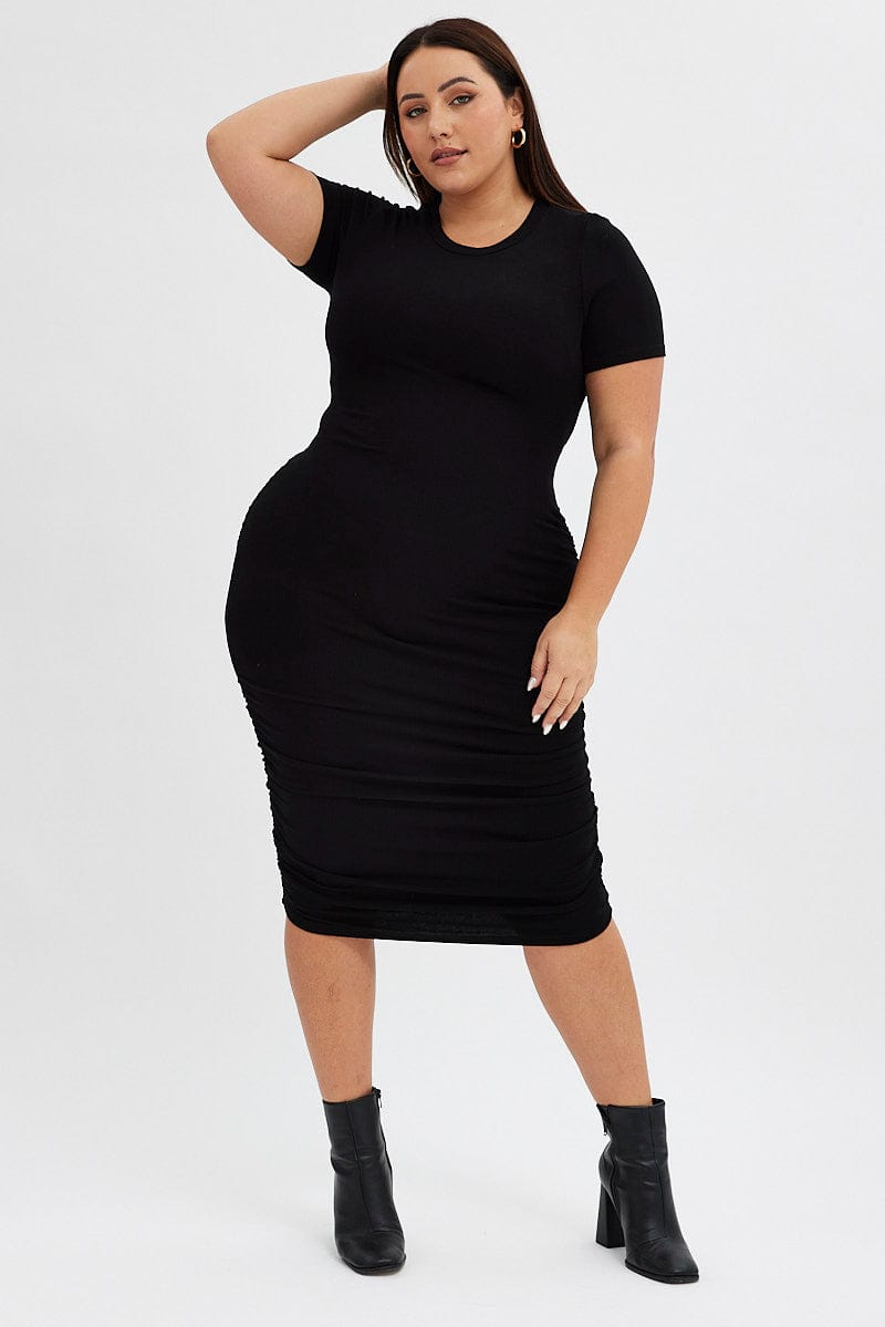 Black Bodycon Dress Short Sleeve Tie Front Or Back Midi for YouandAll Fashion