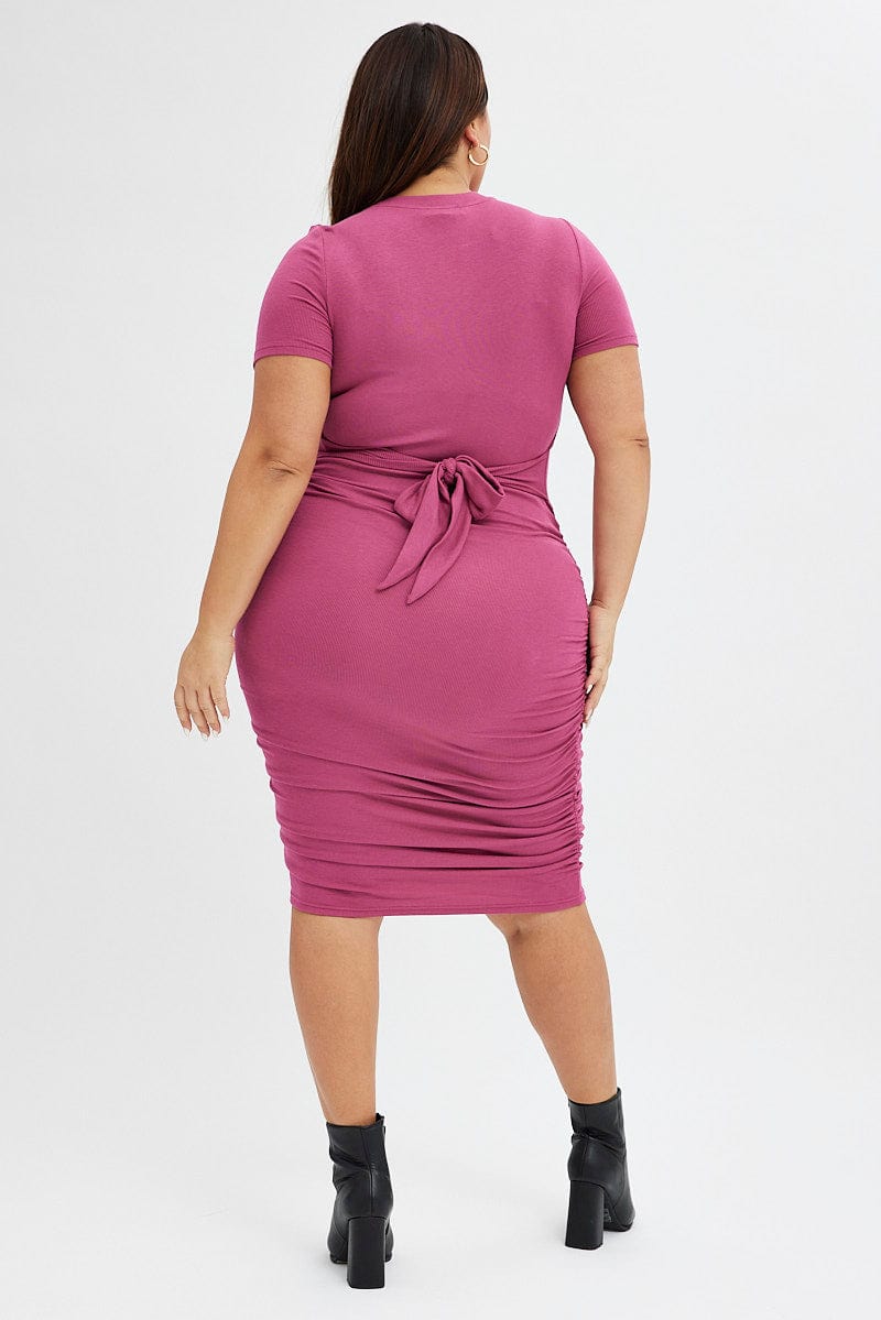 Purple Bodycon Dress Short Sleeve Tie Front Or Back Midi for YouandAll Fashion