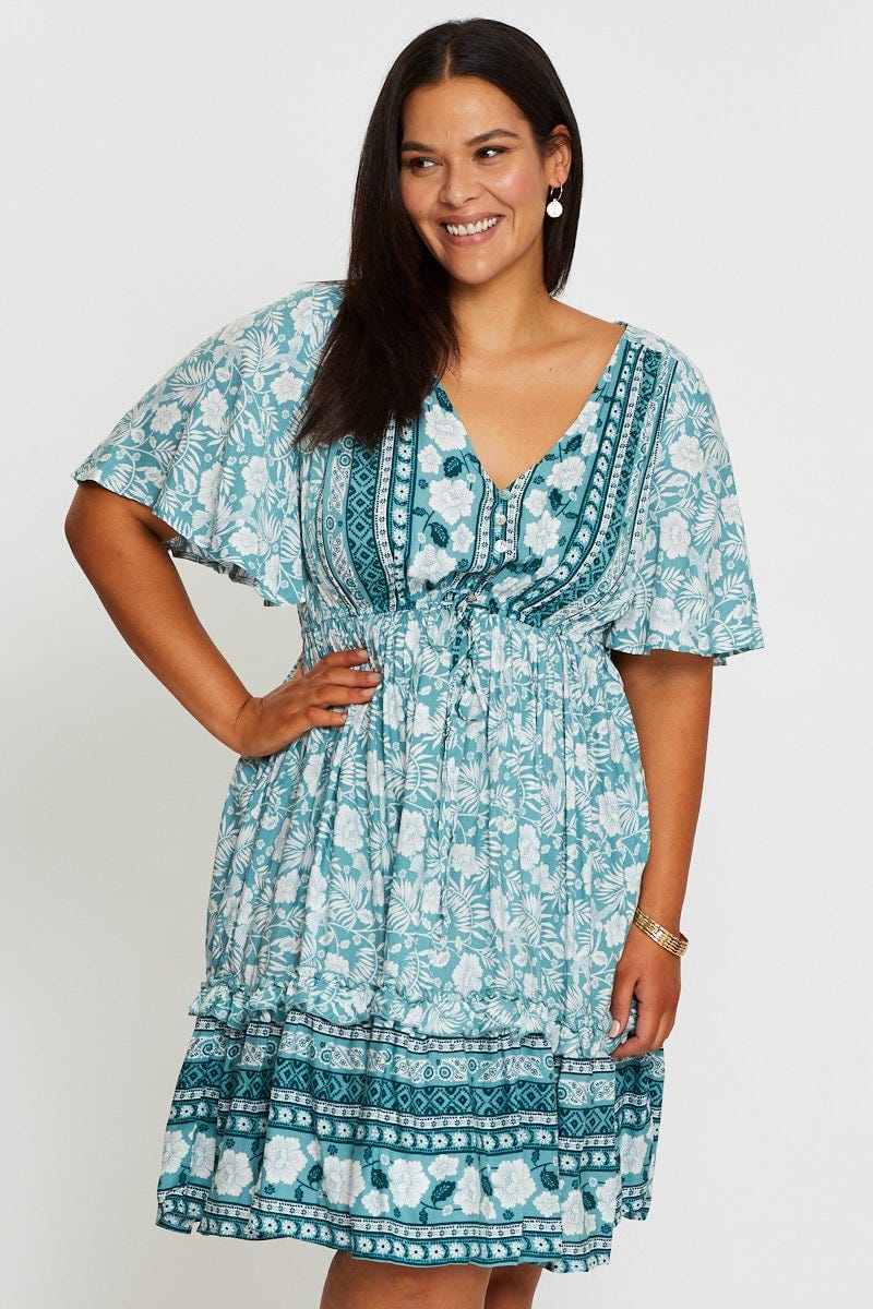 Boho Prt Plus Short Sleeve Tropical Boho Print Skater Dress For Women By You And All