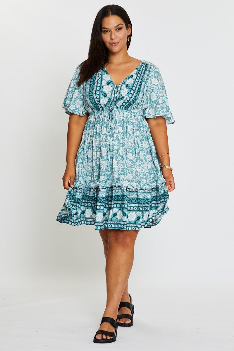 Boho Prt Plus Short Sleeve Tropical Boho Print Skater Dress For Women By You And All