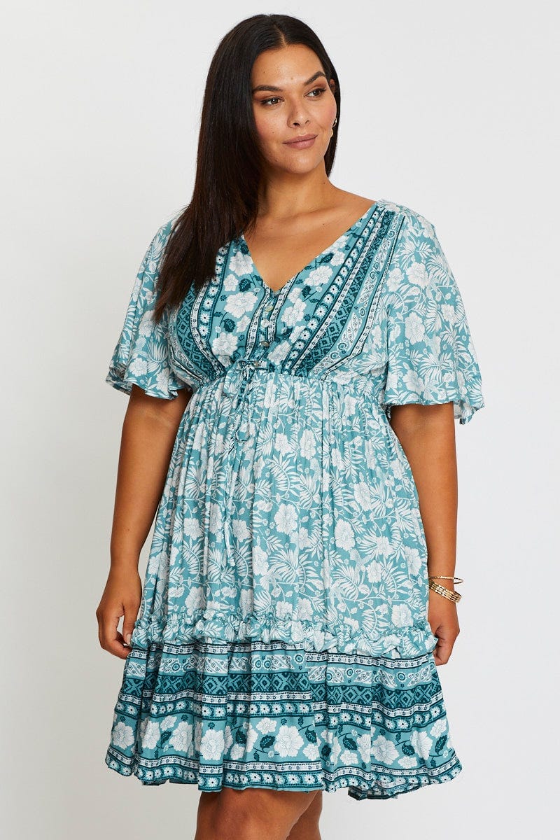 Boho Prt Plus Short Sleeve Tropical Boho Print Skater Dress For Women By You And All
