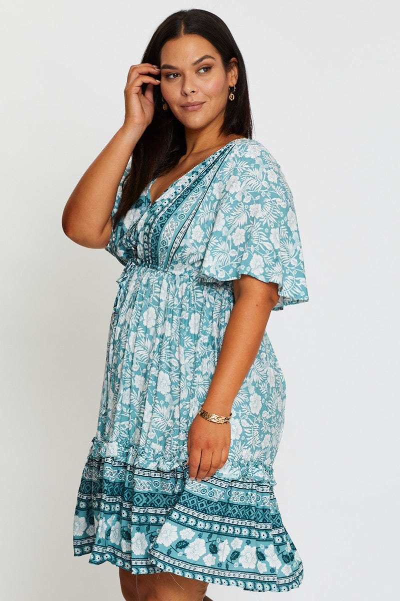 Boho Prt Plus Short Sleeve Tropical Boho Print Skater Dress For Women By You And All