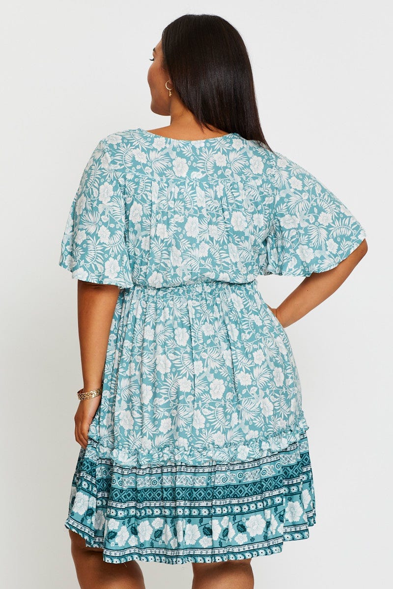 Boho Prt Plus Short Sleeve Tropical Boho Print Skater Dress For Women By You And All