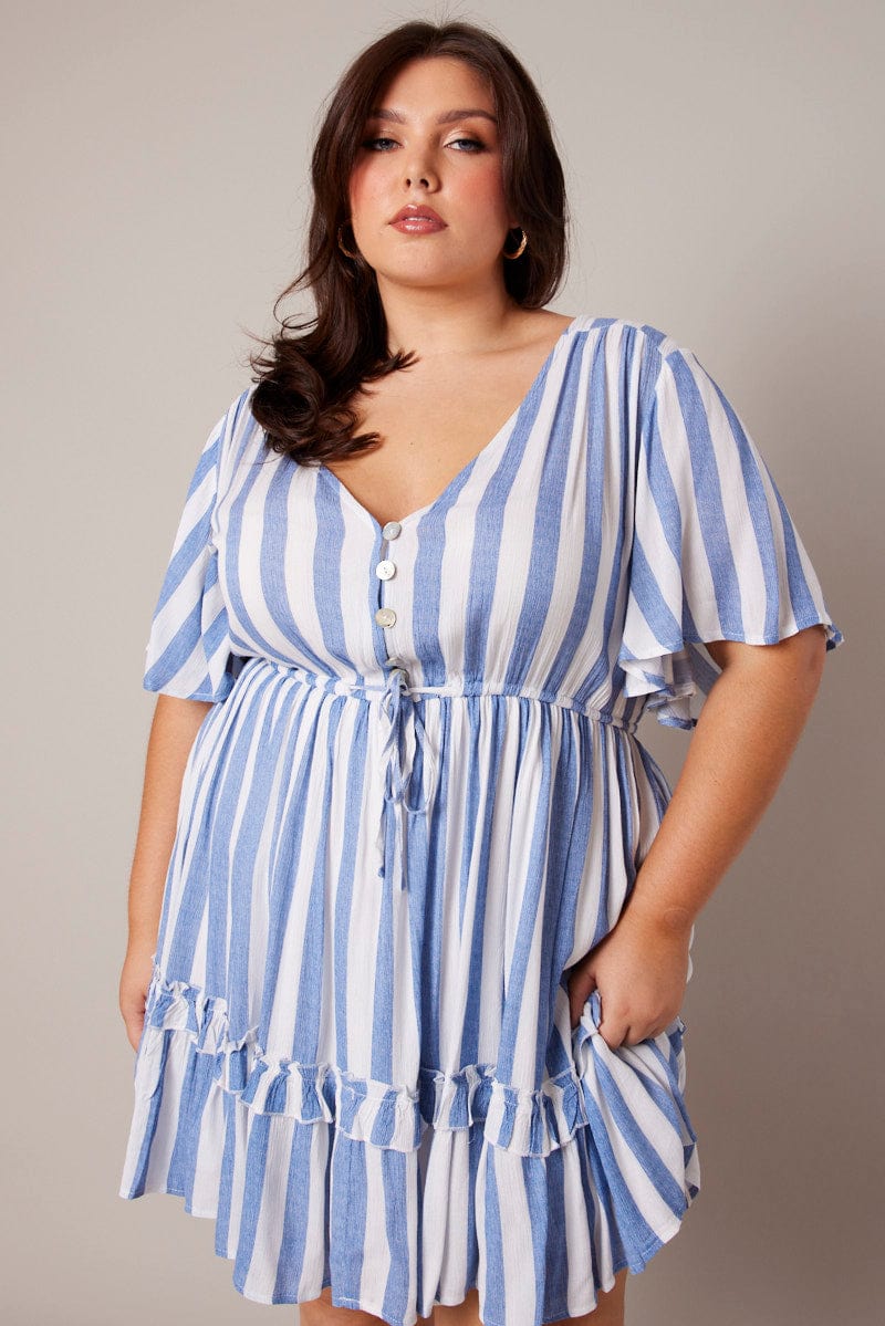 Blue Stripe Button Through Frill Mini Dress for YouandAll Fashion