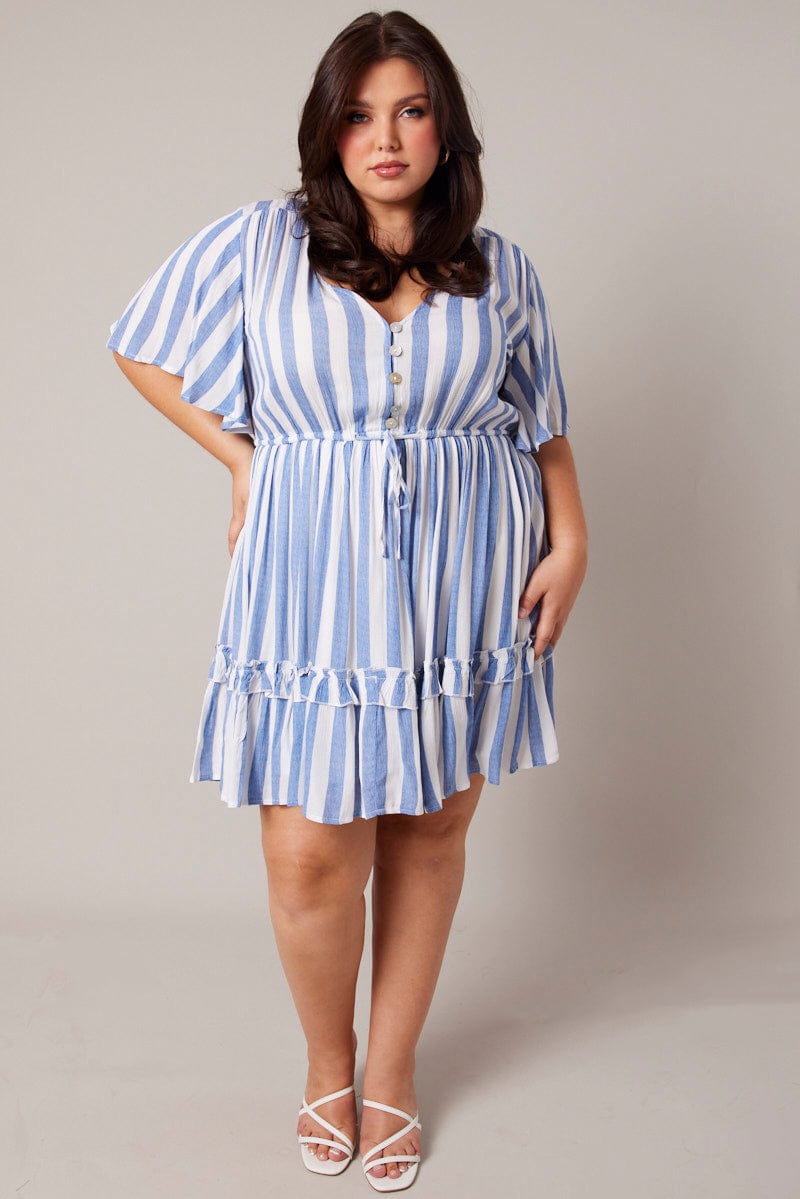 Blue Stripe Button Through Frill Mini Dress for YouandAll Fashion