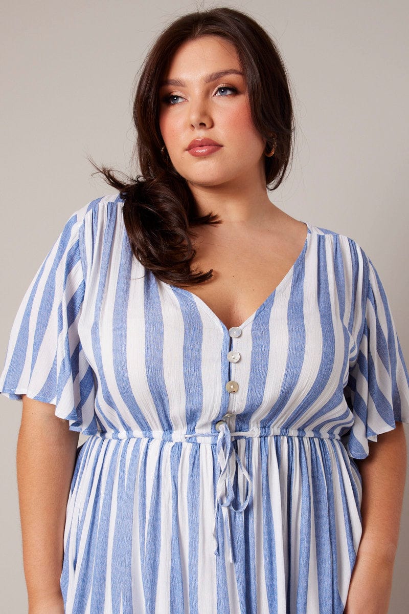 Blue Stripe Button Through Frill Mini Dress for YouandAll Fashion