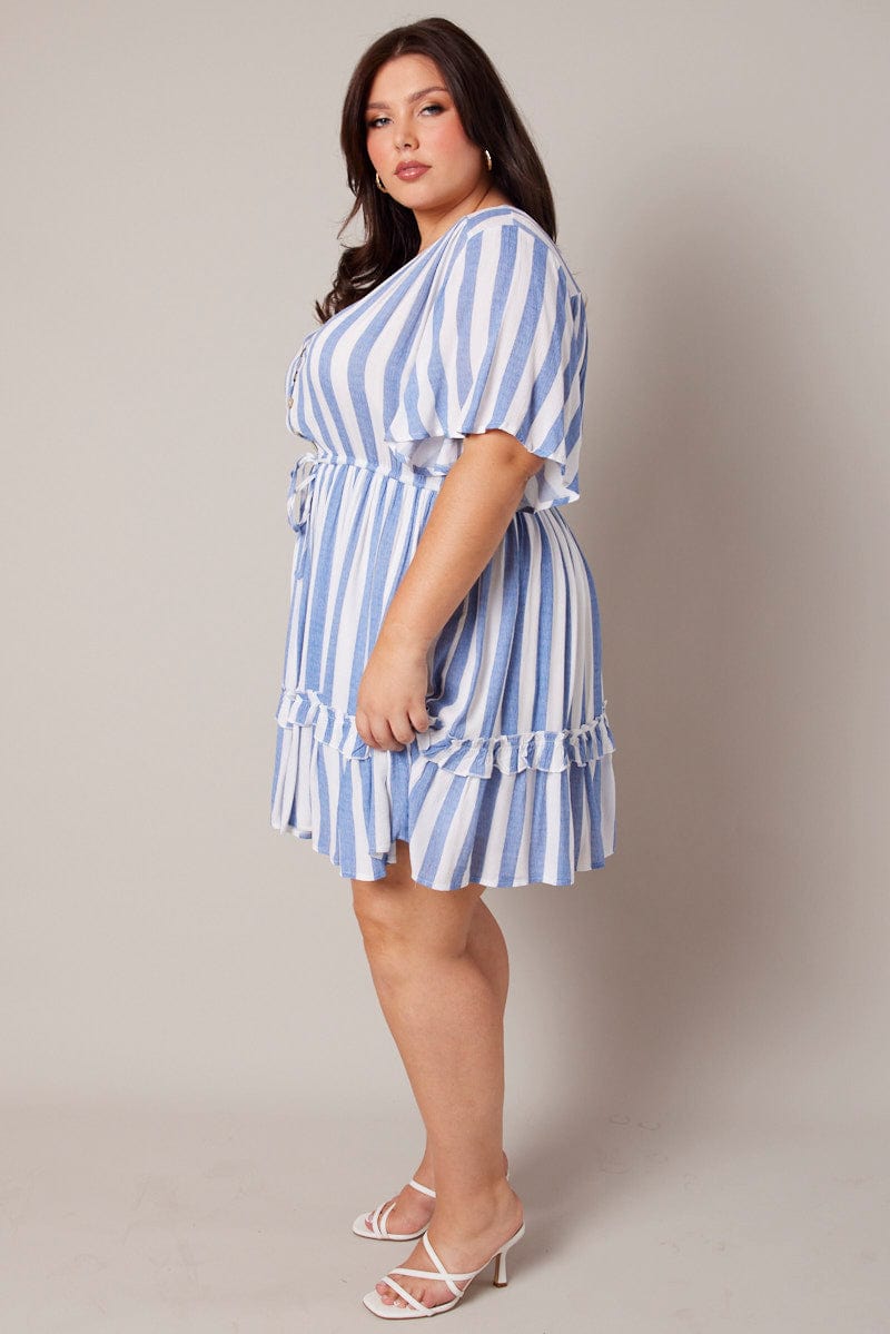 Blue Stripe Button Through Frill Mini Dress for YouandAll Fashion