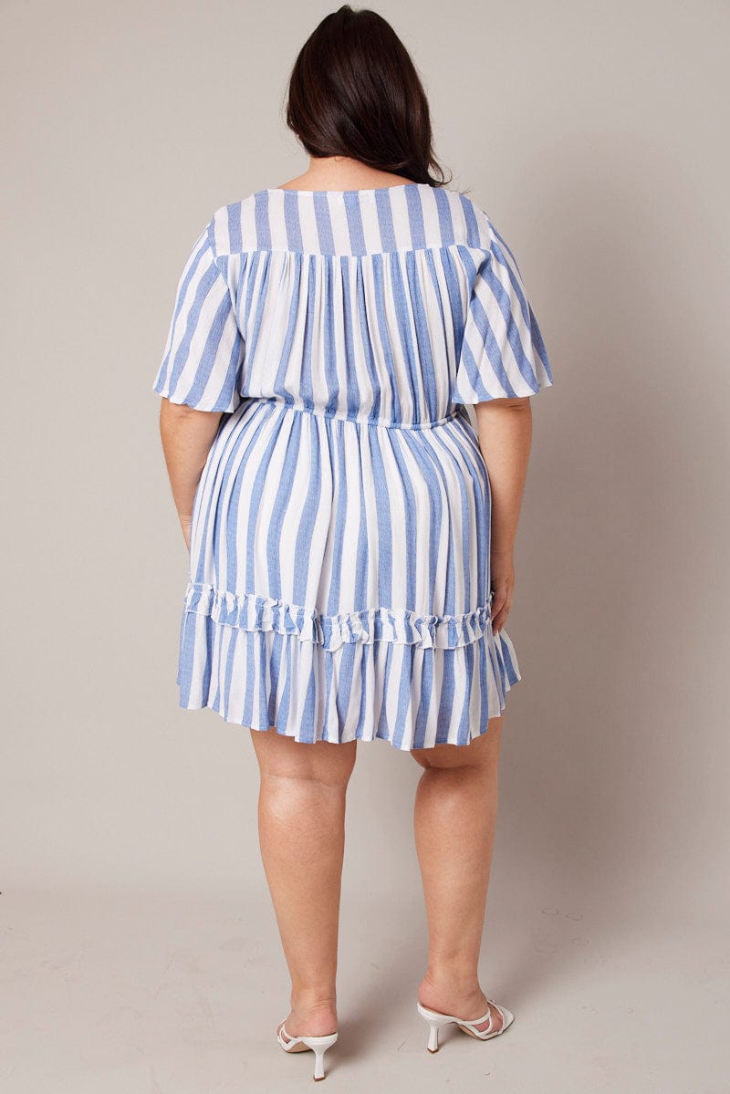 Blue Stripe Button Through Frill Mini Dress for YouandAll Fashion