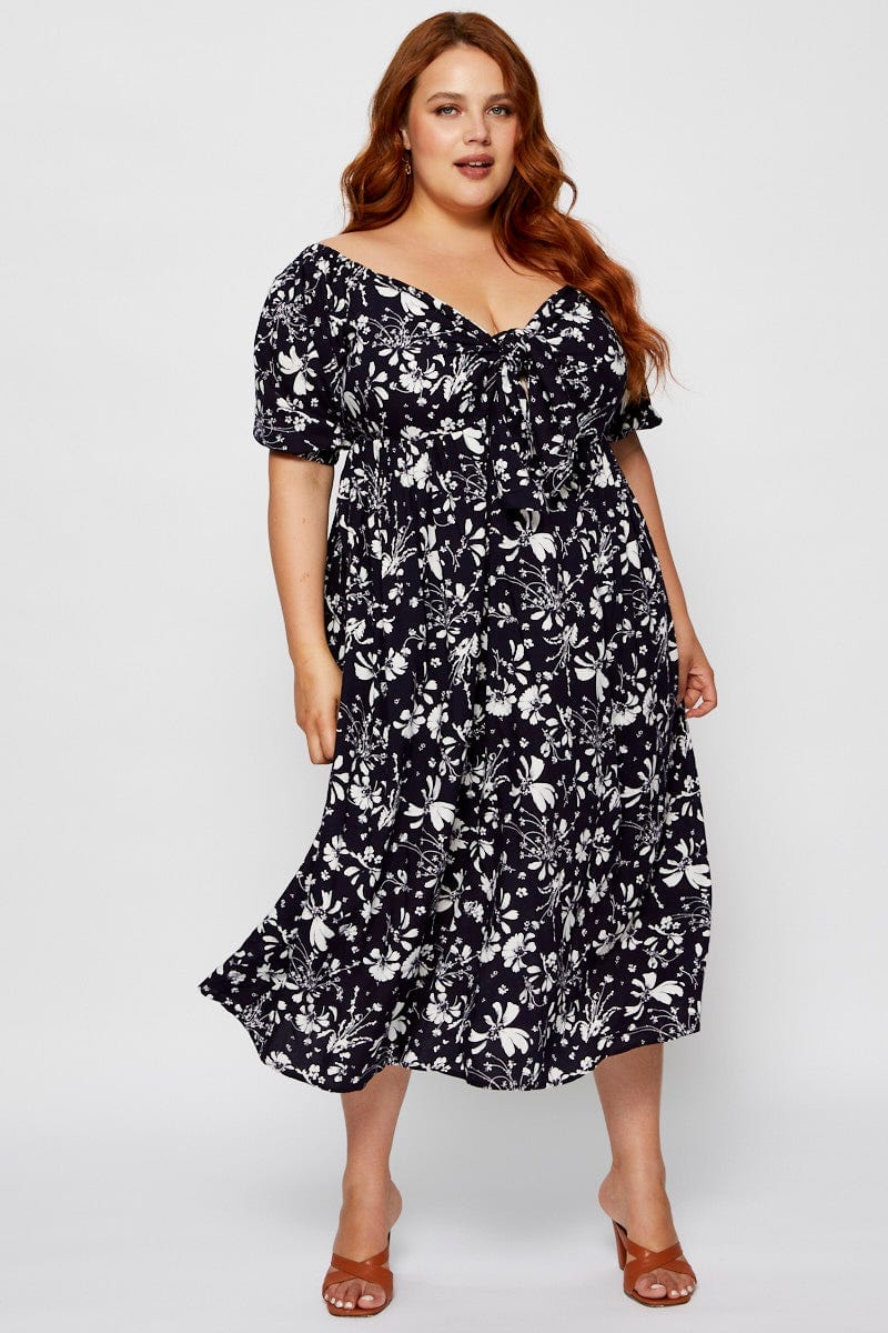 Floral Prt Midi Dress V-Neck Short Sleeve For Women By You And All