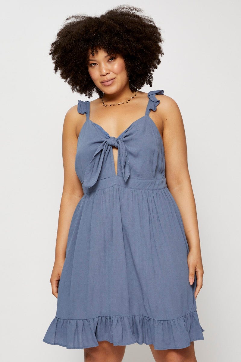 Blue Skater Dress V-Neck Sleeveless Tie Front For Women By You And All