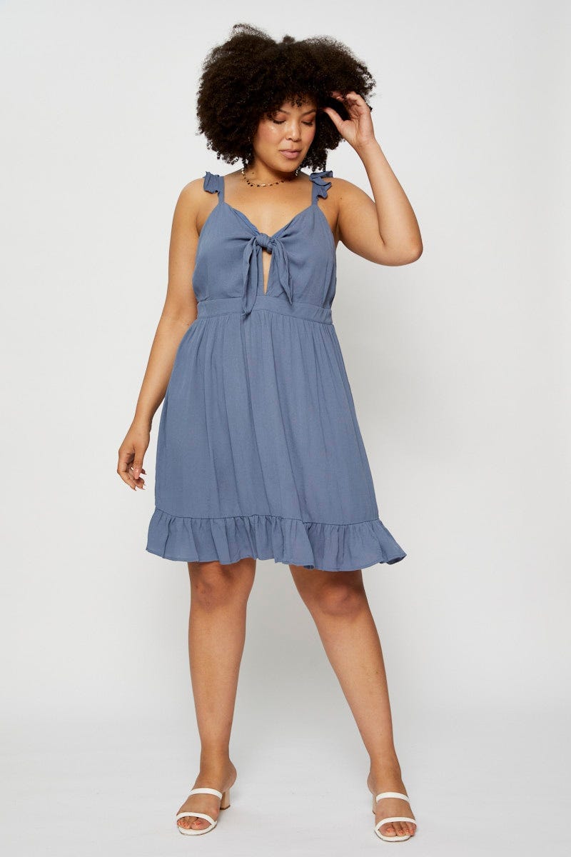 Blue Skater Dress V-Neck Sleeveless Tie Front For Women By You And All